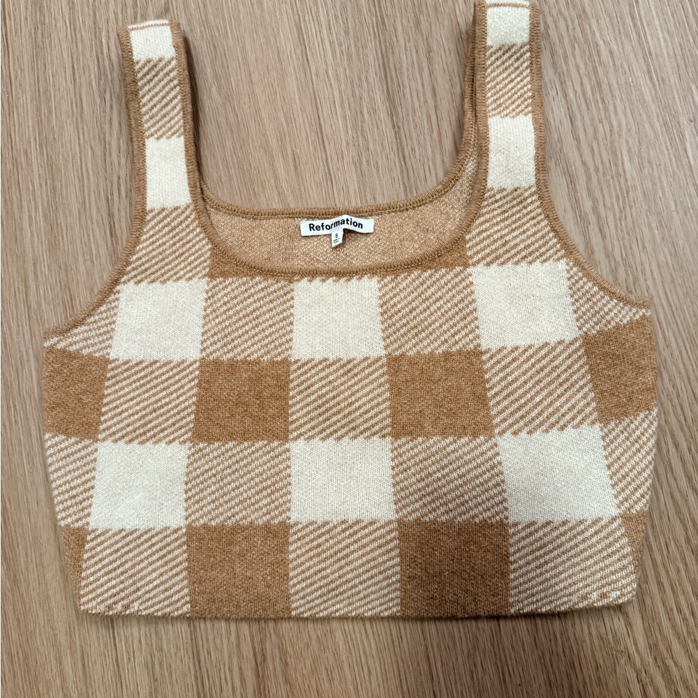 Reformation Fonte Beige Checked Cropped Cashmere Tank Top Size S - Picture 2 of 4